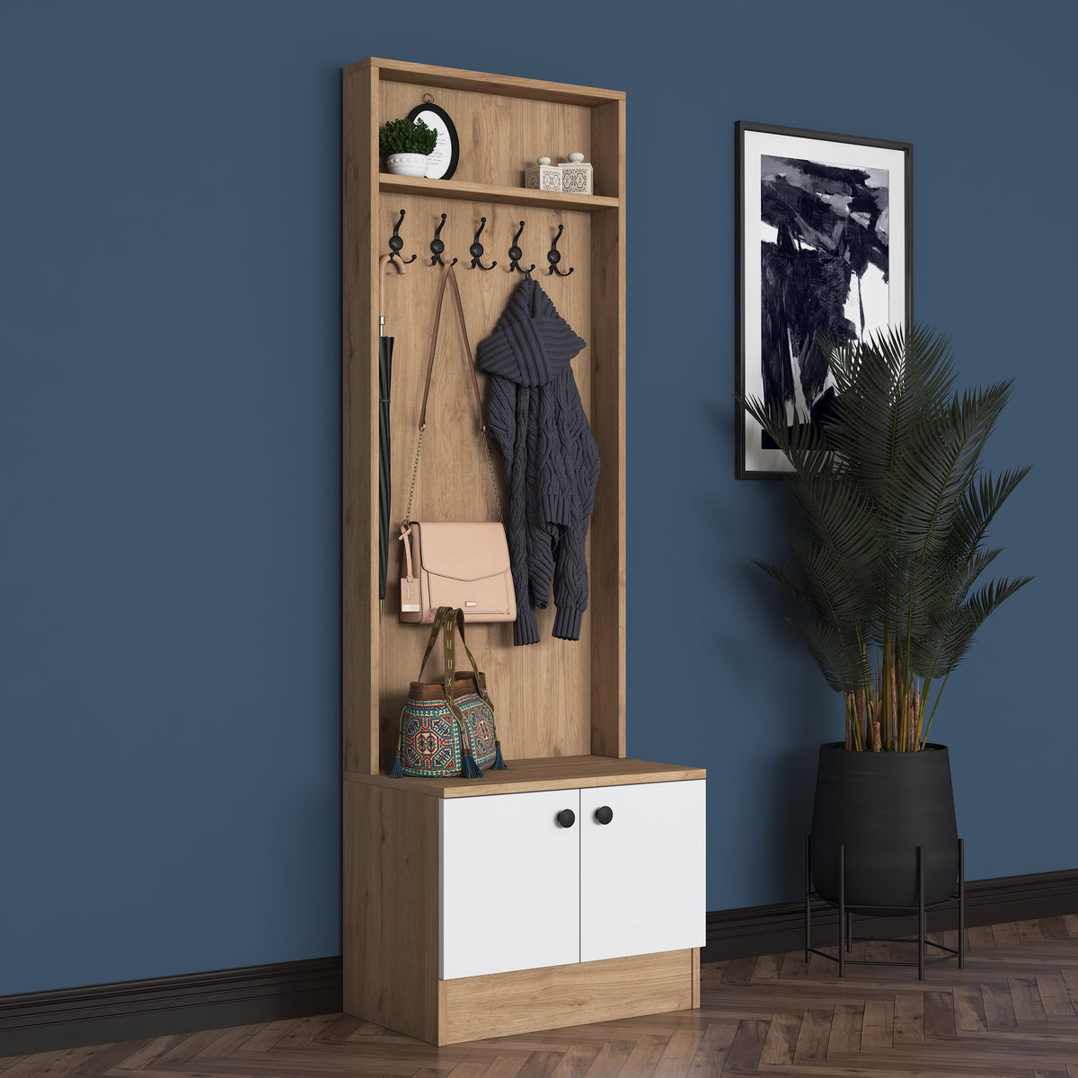 Rani P6 Modern Kapaklı Askılı Raflı Portmanto Vestiyer Sepet Ceviz - Beyaz M16