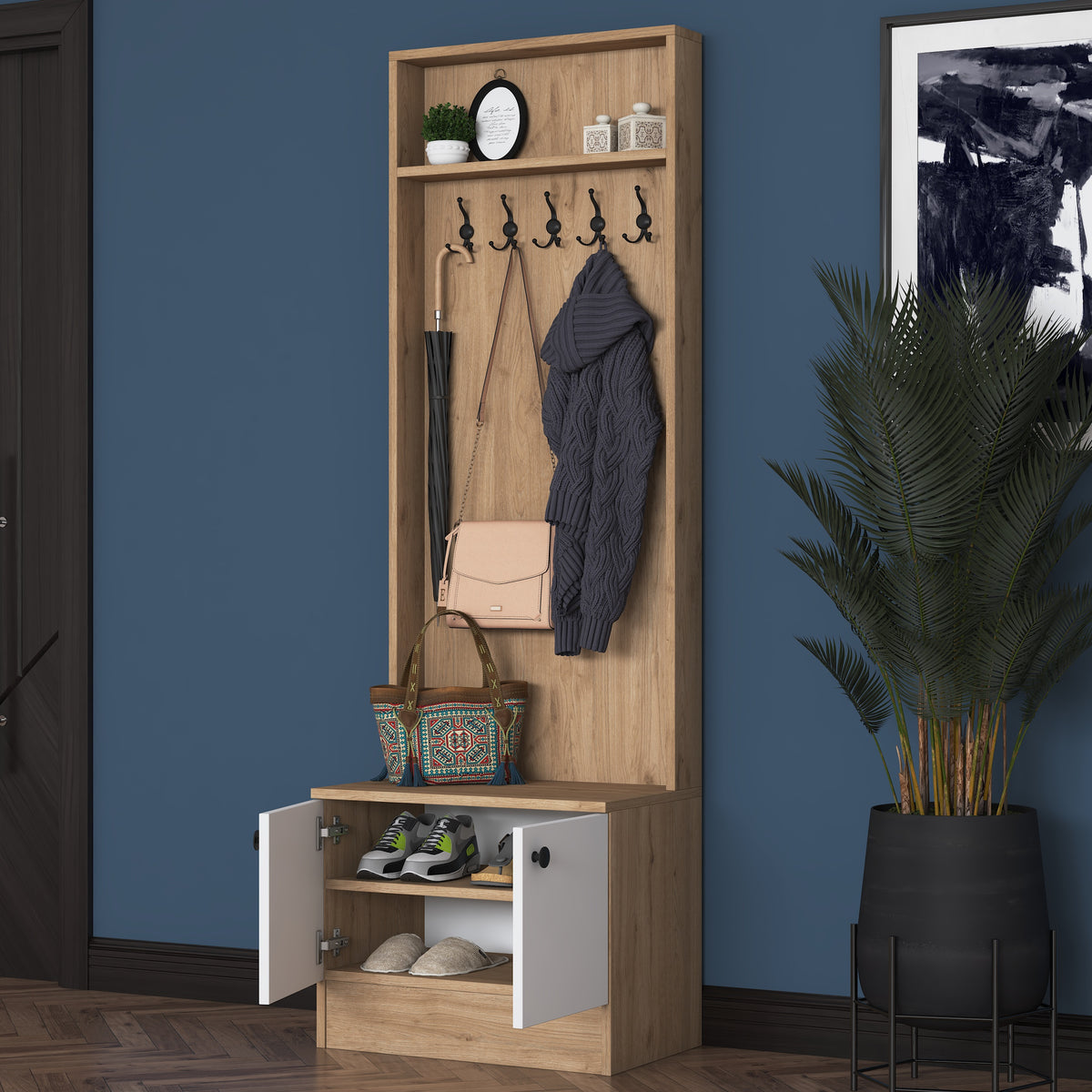 Rani P6 Modern Kapaklı Askılı Raflı Portmanto Vestiyer Sepet Ceviz - Beyaz M16