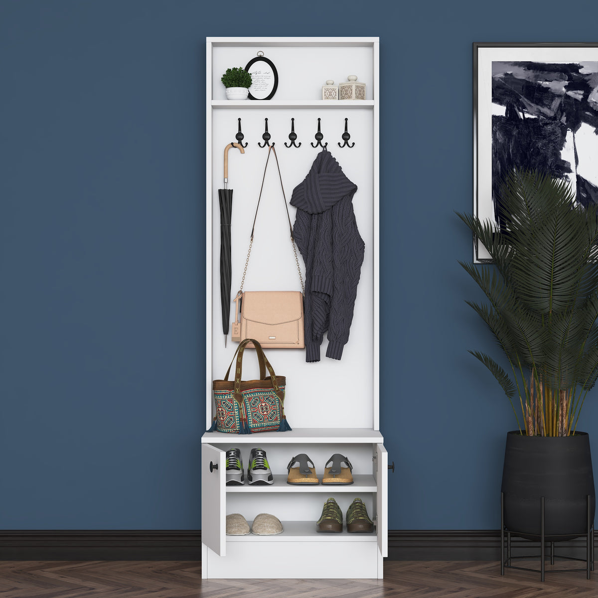Rani P6 Modern Kapaklı Askılı Raflı Portmanto Vestiyer Beyaz M16