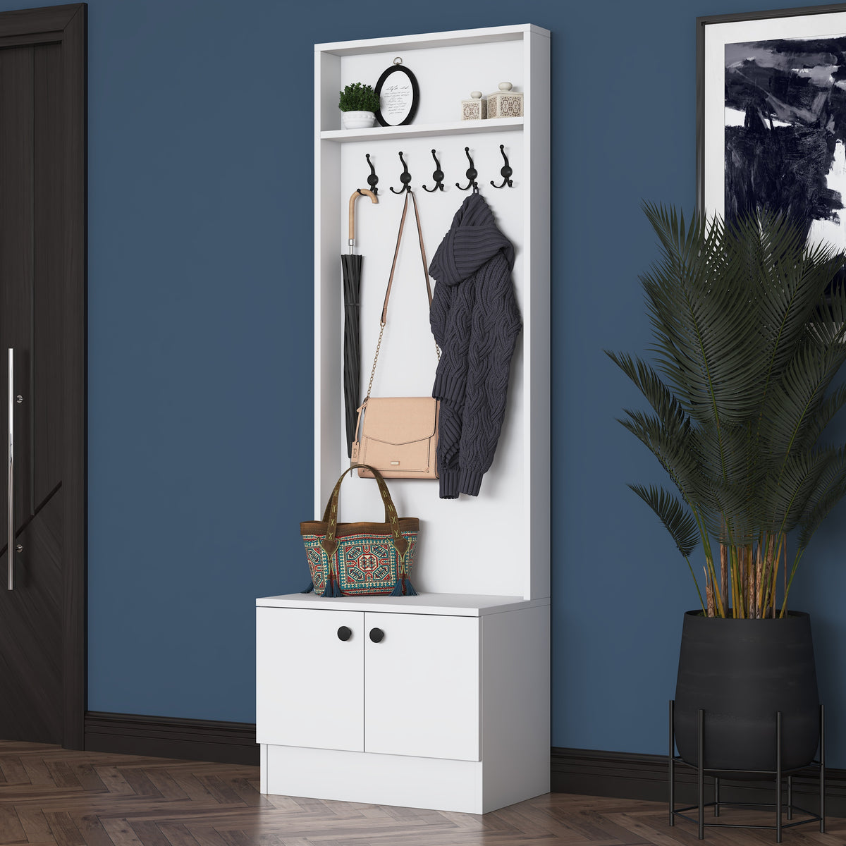 Rani P6 Modern Kapaklı Askılı Raflı Portmanto Vestiyer Beyaz M16