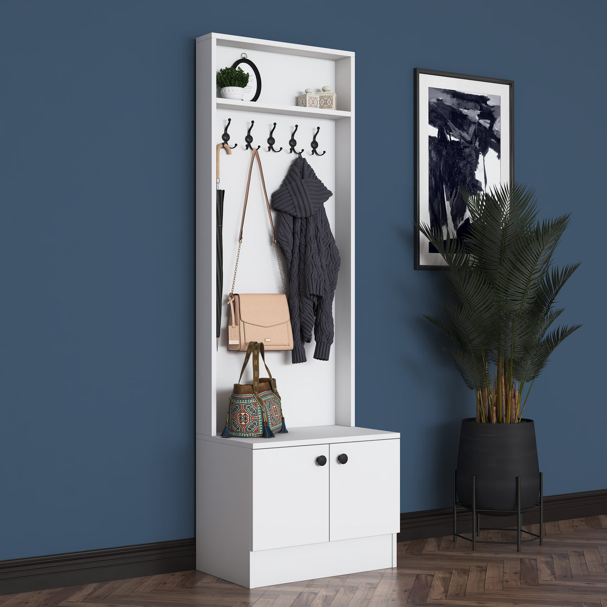 Rani P6 Modern Kapaklı Askılı Raflı Portmanto Vestiyer Beyaz M16