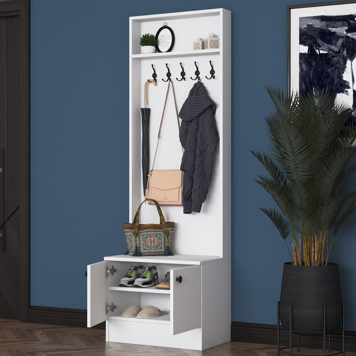 Rani P6 Modern Kapaklı Askılı Raflı Portmanto Vestiyer Beyaz M16