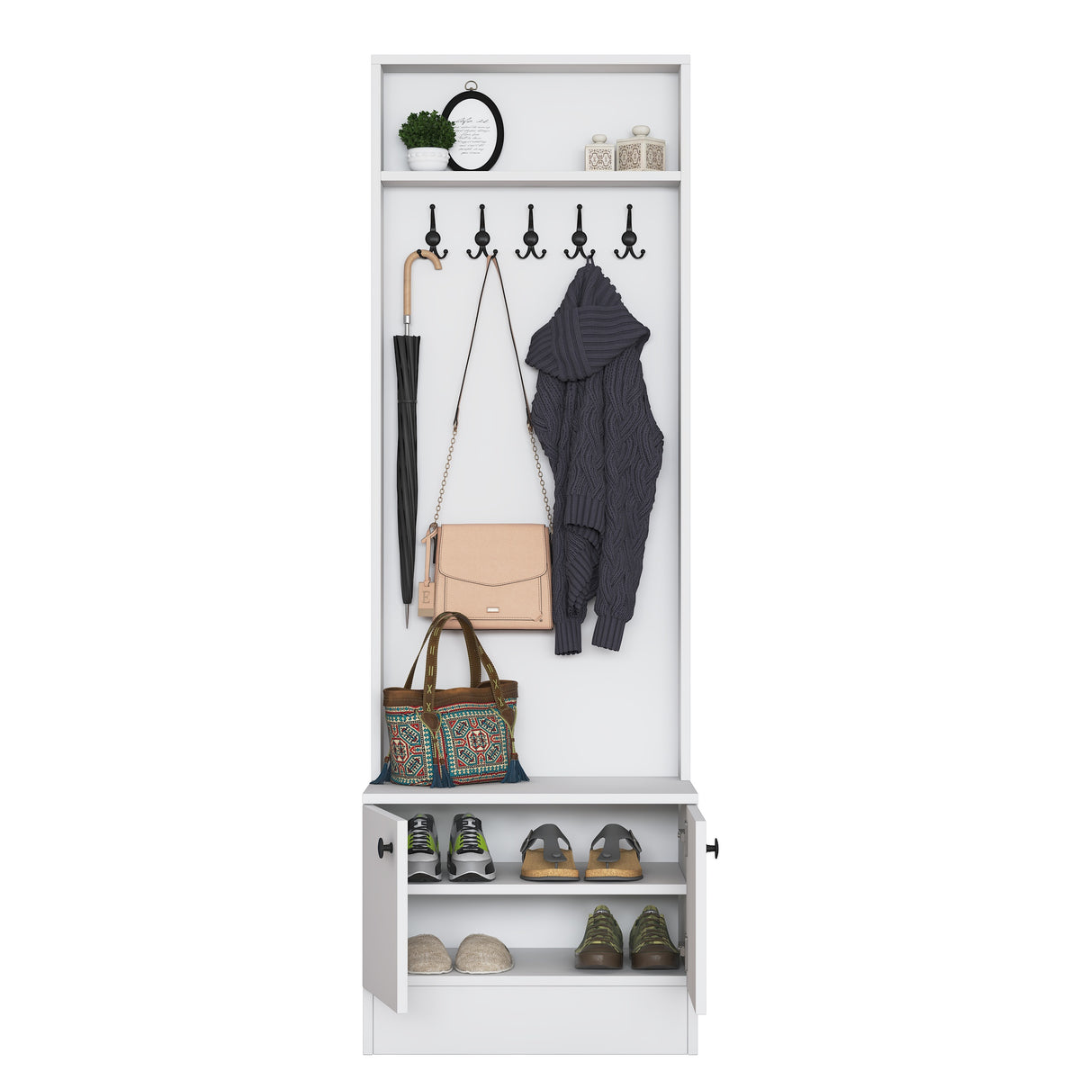 Rani P6 Modern Kapaklı Askılı Raflı Portmanto Vestiyer Beyaz M16