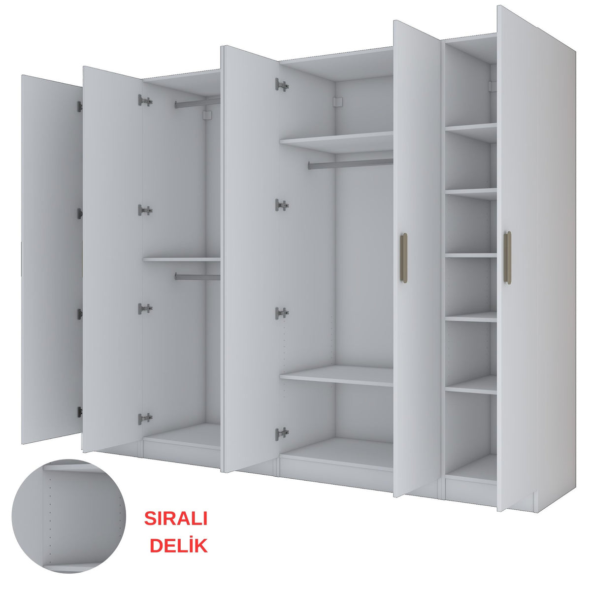 Rani BA157 beyaz modüler gardırop — 6 kapaklı, 14 raflı, 3 askılı geniş elbise dolabı.