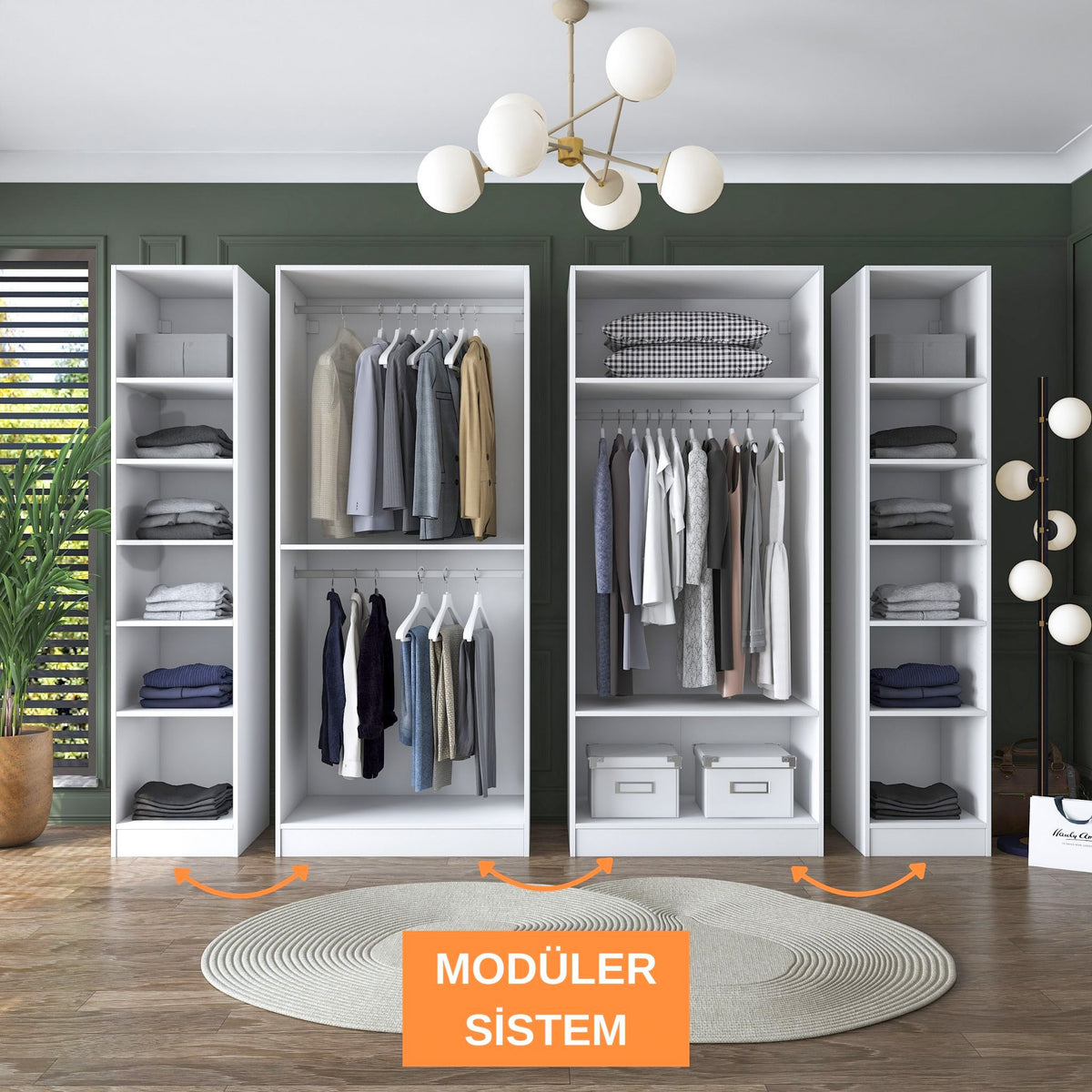 Rani BA157 beyaz modüler gardırop — 6 kapaklı, 14 raflı, 3 askılı geniş elbise dolabı.