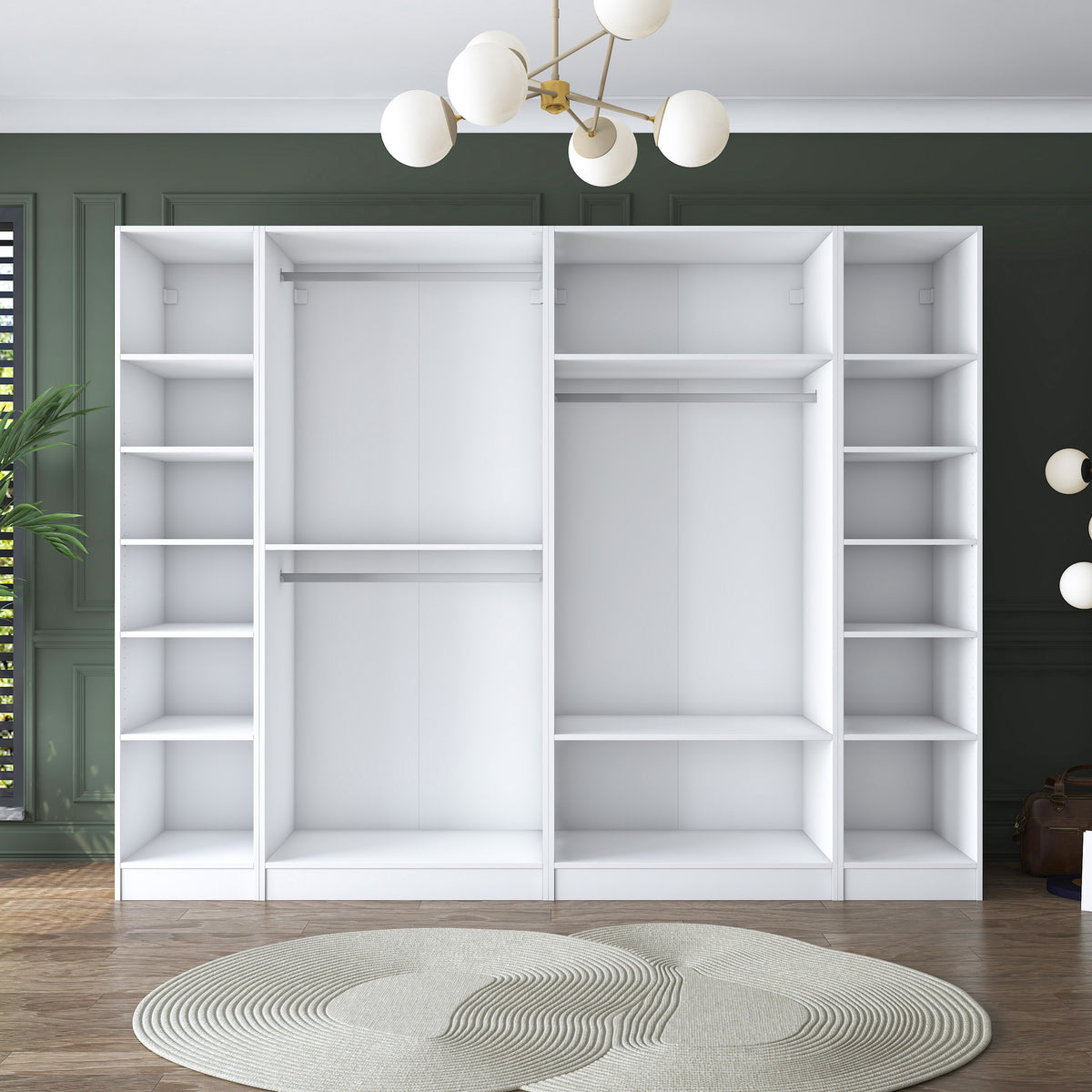 Rani BA157 beyaz modüler gardırop — 6 kapaklı, 14 raflı, 3 askılı geniş elbise dolabı.
