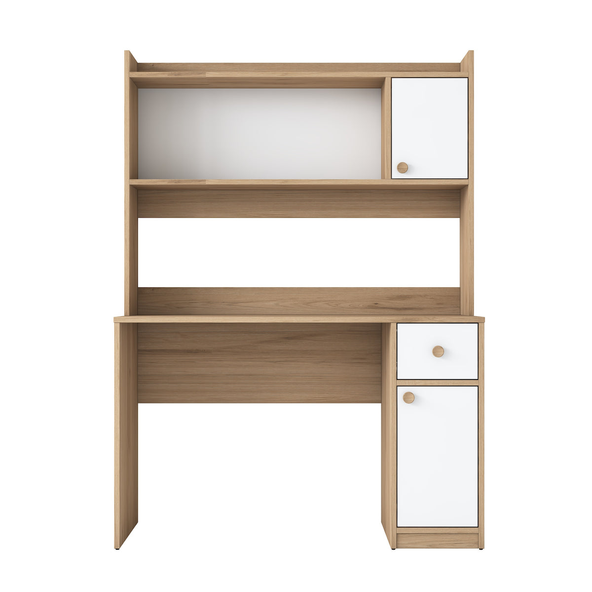 Rani HA127 kitaplıklı, raflı, 2 kapaklı ve 1 çekmeceli çalışma masası – sepet ceviz & beyaz renk, 120x50x166 cm ölçülerinde, ev ve ofis kullanımı için modern tasarımlı bilgisayar masası.