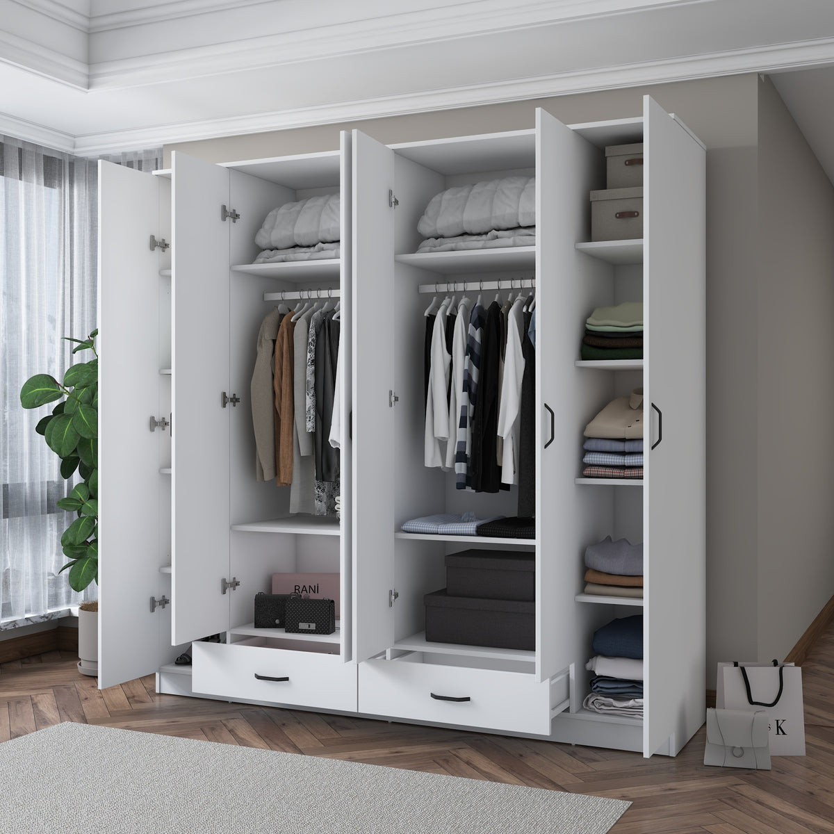 Rani BA134 geniş gardırop elbise dolabı – beyaz renkte, 6 kapaklı, 2 çekmeceli, 14 raflı ve 2 askılı bölmesiyle büyük depolama alanı sunan, modern tasarımlı şık gardırop