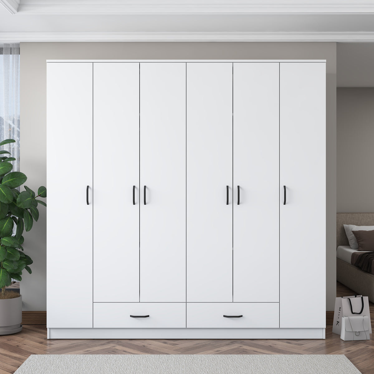 Rani BA134 geniş gardırop elbise dolabı – beyaz renkte, 6 kapaklı, 2 çekmeceli, 14 raflı ve 2 askılı bölmesiyle büyük depolama alanı sunan, modern tasarımlı şık gardırop