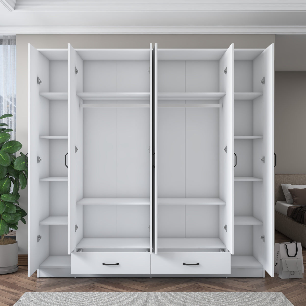 Rani BA134 geniş gardırop elbise dolabı – beyaz renkte, 6 kapaklı, 2 çekmeceli, 14 raflı ve 2 askılı bölmesiyle büyük depolama alanı sunan, modern tasarımlı şık gardırop