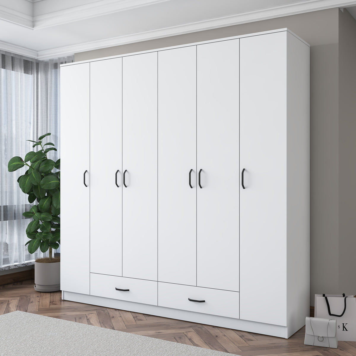 Rani BA134 geniş gardırop elbise dolabı – beyaz renkte, 6 kapaklı, 2 çekmeceli, 14 raflı ve 2 askılı bölmesiyle büyük depolama alanı sunan, modern tasarımlı şık gardırop