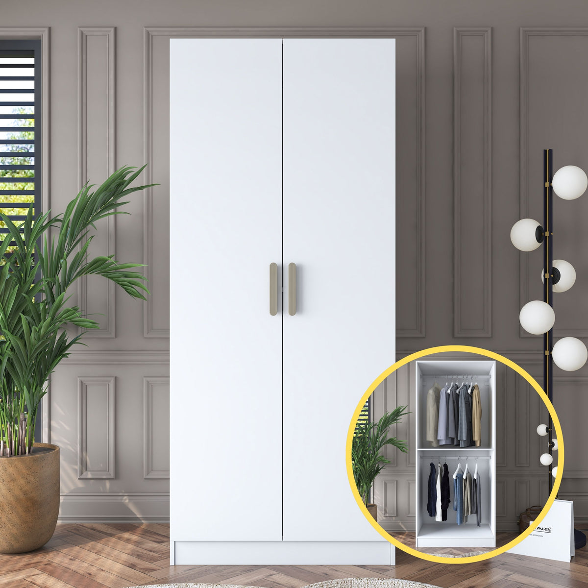 Rani BA159  Gardırop 2 Kapaklı Raflı 2 Askılı Elbise Dolabı Beyaz