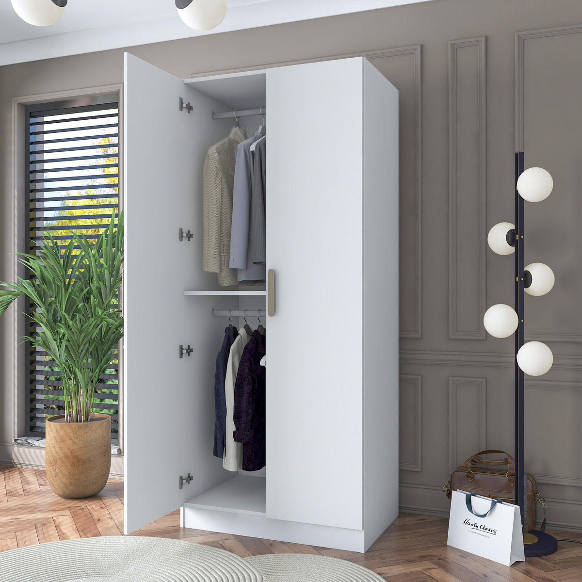 Rani BA159  Gardırop 2 Kapaklı Raflı 2 Askılı Elbise Dolabı Beyaz