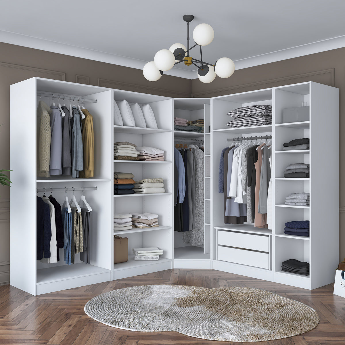 Rani BA151 beyaz modüler köşe gardırop, 8 kapaklı, 2 çekmeceli, 14 raflı ve 4 askılı bölmeli geniş elbise dolabı, modern tasarımıyla yatak odası ve giyinme odası için ideal.