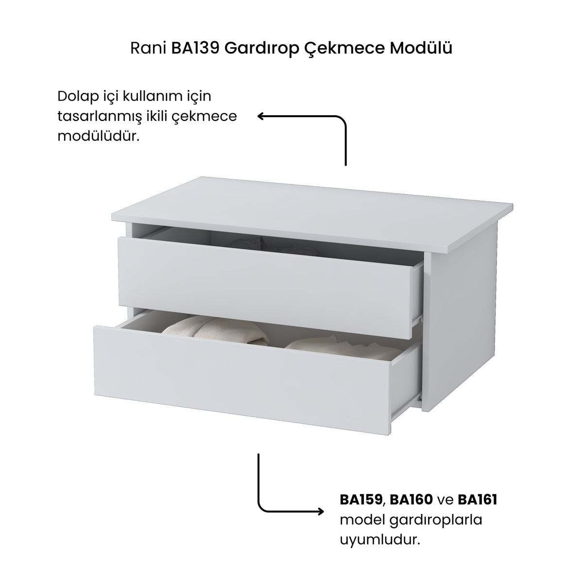 Rani BA139 Tamamlayıcı Dolap İçi Çekmece Modülü Beyaz