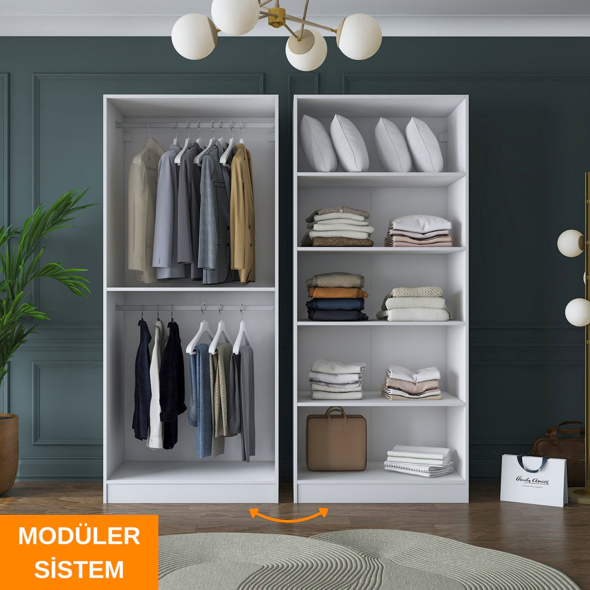 Rani BA156 geniş modüler gardırop, beyaz; 4 kapaklı, 6 raflı, 2 askılı elbise dolabı — fonksiyonel yatak odası çözümü.
