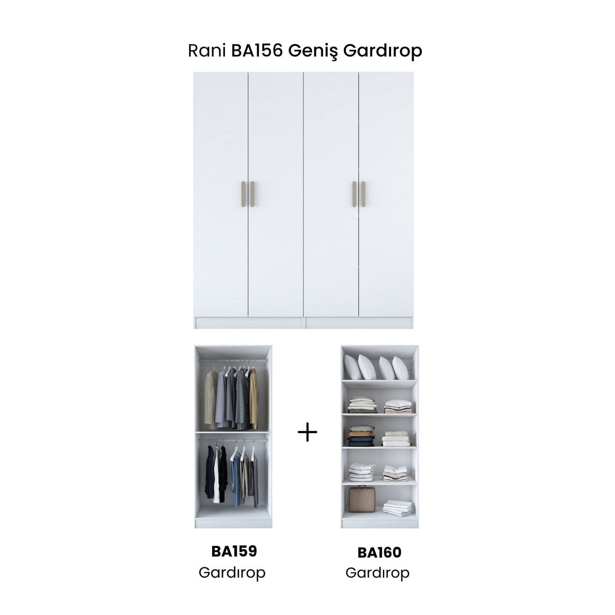 Rani BA156 Modüler Gardırop 4 Kapaklı Raflı Askılı Elbise Dolabı Beyaz