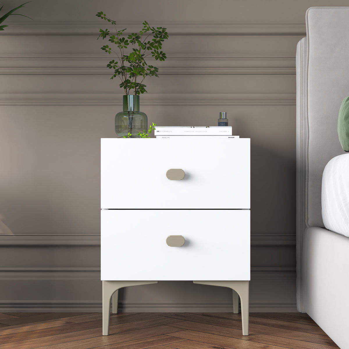 Rani BD110 beyaz 2 çekmeceli ayaklı modern yatak odası komodini