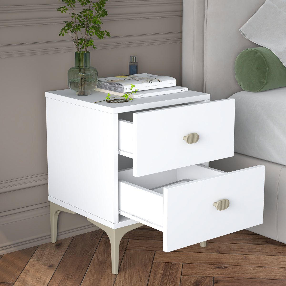 Rani BD110 beyaz 2 çekmeceli ayaklı modern yatak odası komodini