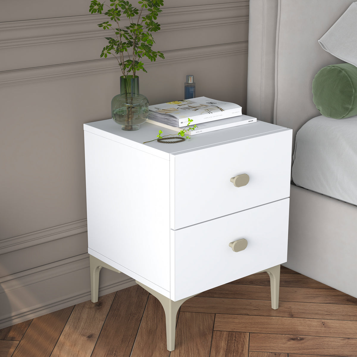Rani BD110 beyaz 2 çekmeceli ayaklı modern yatak odası komodini