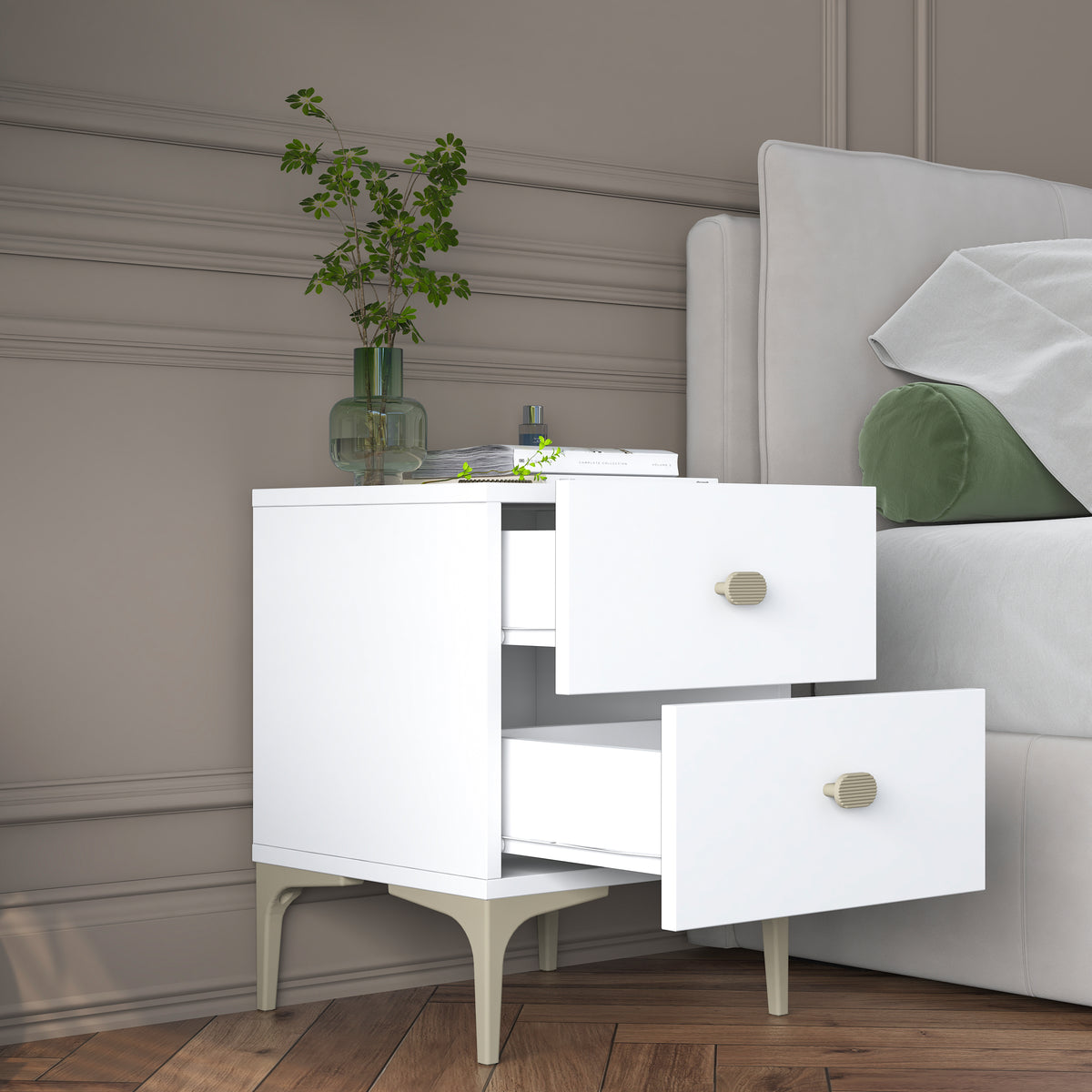 Rani BD110 beyaz 2 çekmeceli ayaklı modern yatak odası komodini