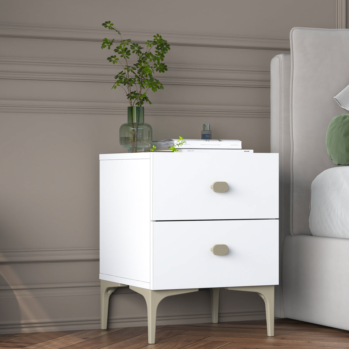Rani BD110 beyaz 2 çekmeceli ayaklı modern yatak odası komodini