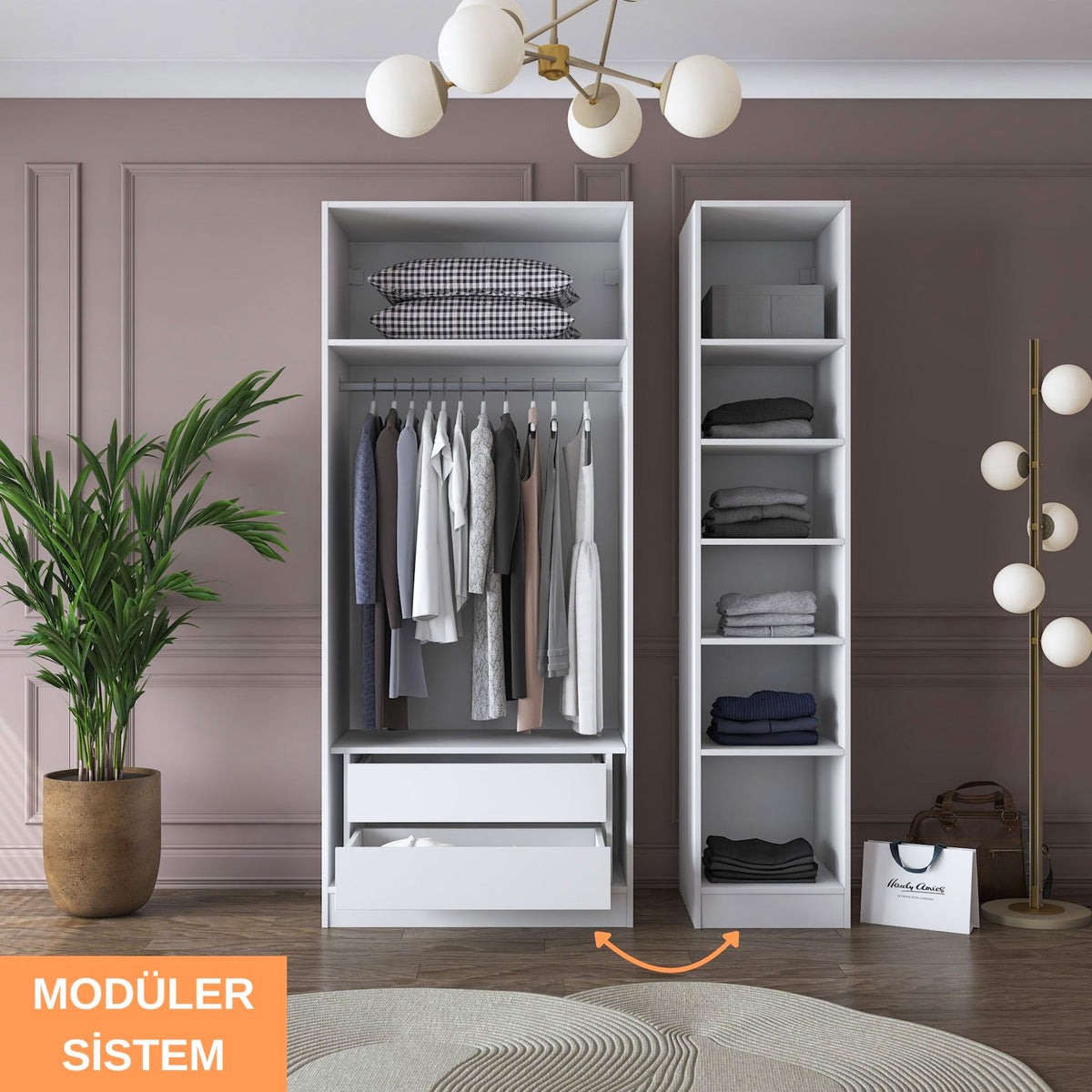 Rani BA155 beyaz modüler gardırop — 3 kapaklı, 2 çekmeceli, 8 raflı ve askılı bölmeli elbise dolabı, yatak odası için fonksiyonel çözüm.