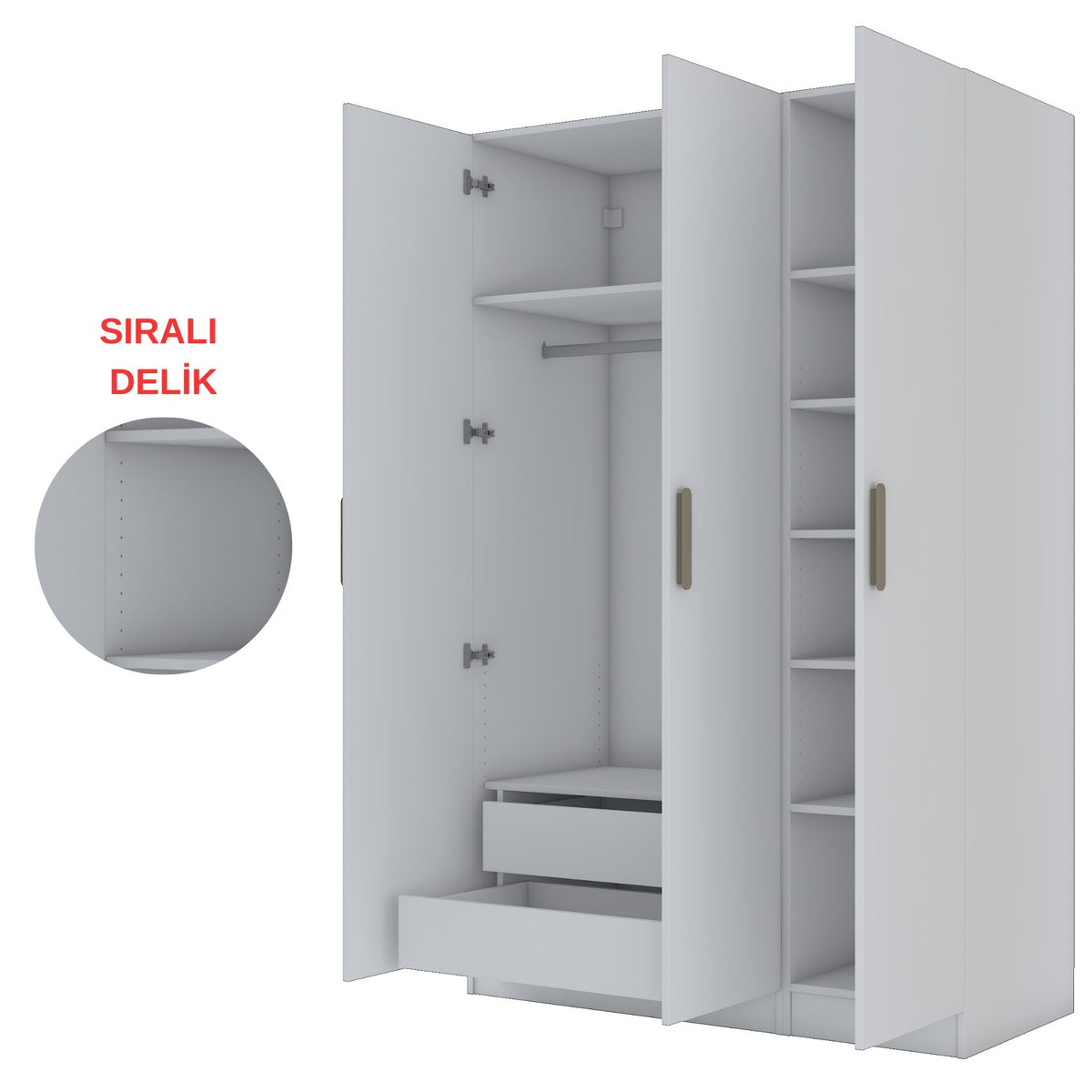 Rani BA155 beyaz modüler gardırop — 3 kapaklı, 2 çekmeceli, 8 raflı ve askılı bölmeli elbise dolabı, yatak odası için fonksiyonel çözüm.