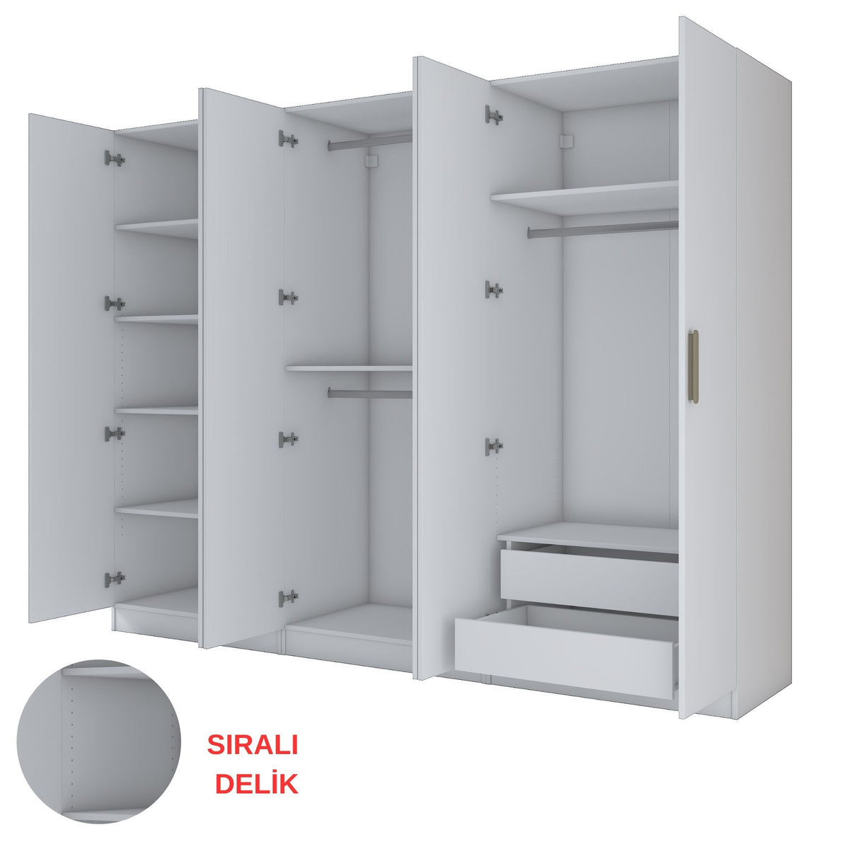Rani BA158 beyaz modüler gardırop — 6 kapaklı, 2 çekmeceli, 6 raflı, 3 askılı geniş elbise dolabı.