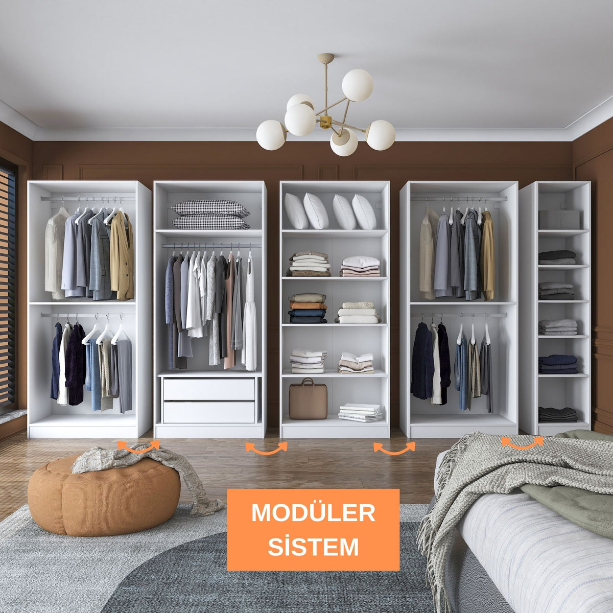 Rani BA154 beyaz modüler gardırop – 9 kapaklı, 2 çekmeceli, 14 raflı, 5 askılı geniş elbise dolabı.