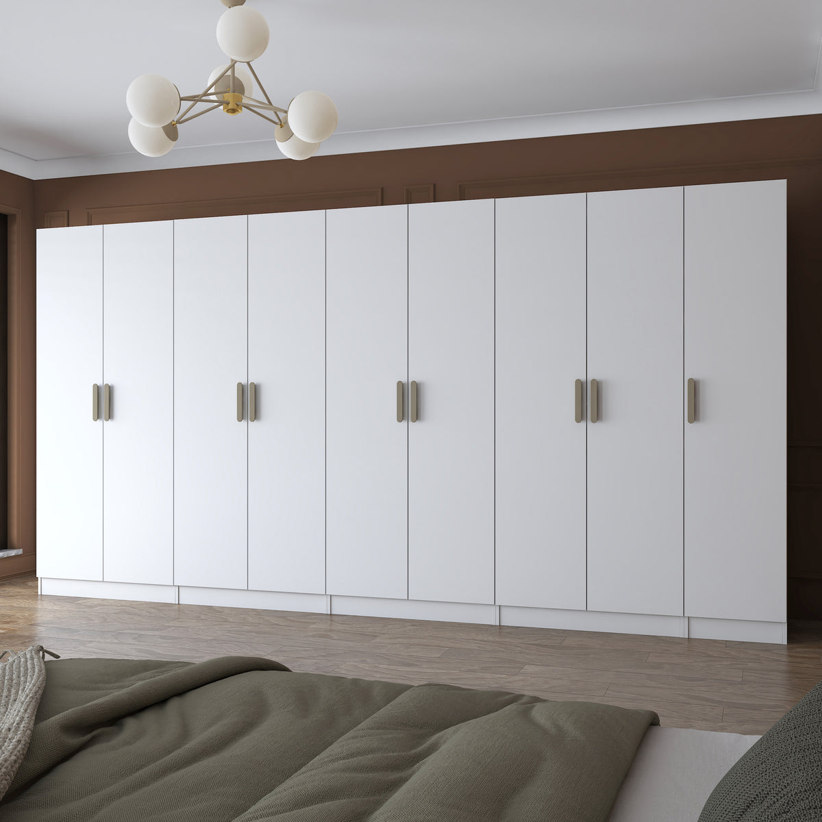 Rani BA154 beyaz modüler gardırop – 9 kapaklı, 2 çekmeceli, 14 raflı, 5 askılı geniş elbise dolabı.