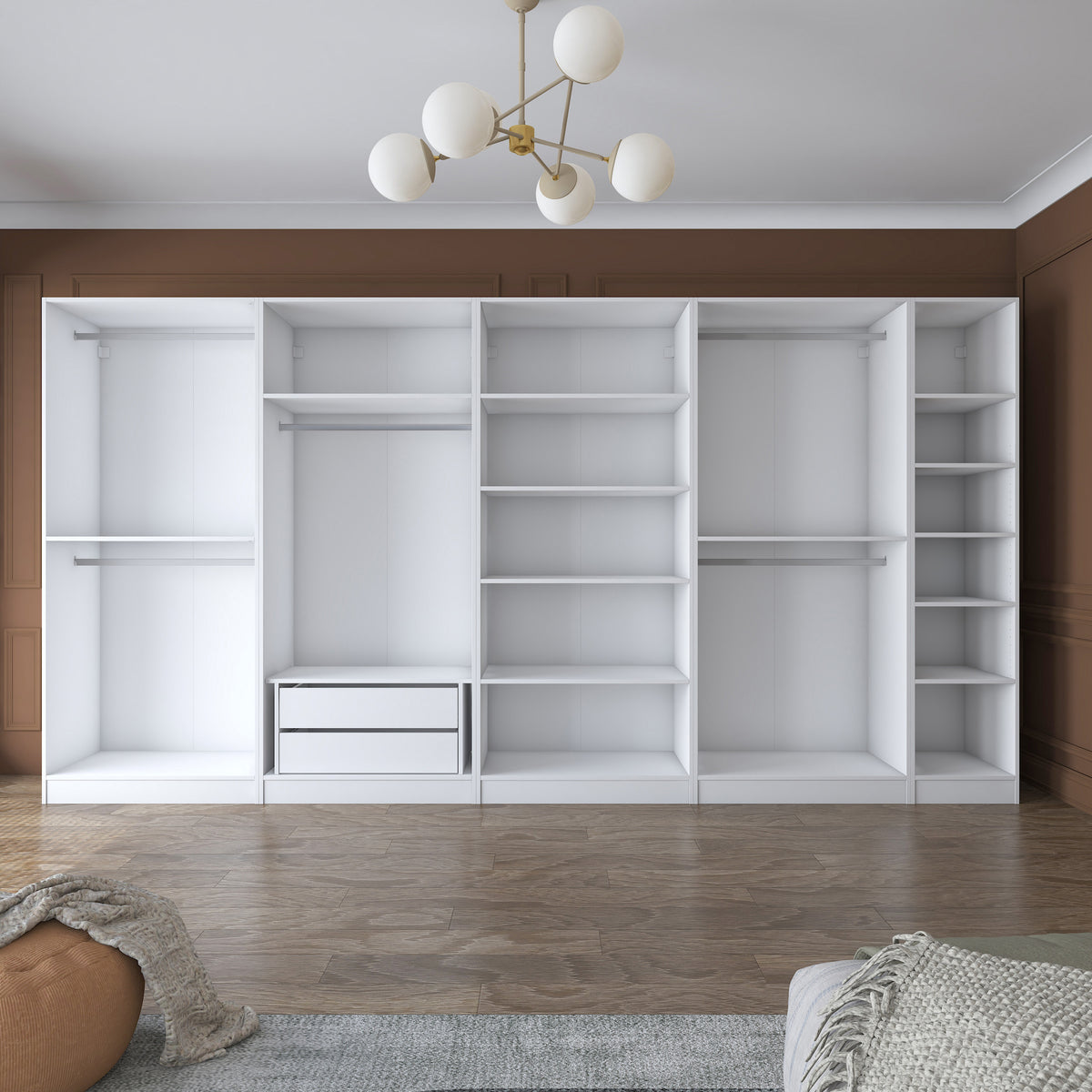 Rani BA154 beyaz modüler gardırop – 9 kapaklı, 2 çekmeceli, 14 raflı, 5 askılı geniş elbise dolabı.