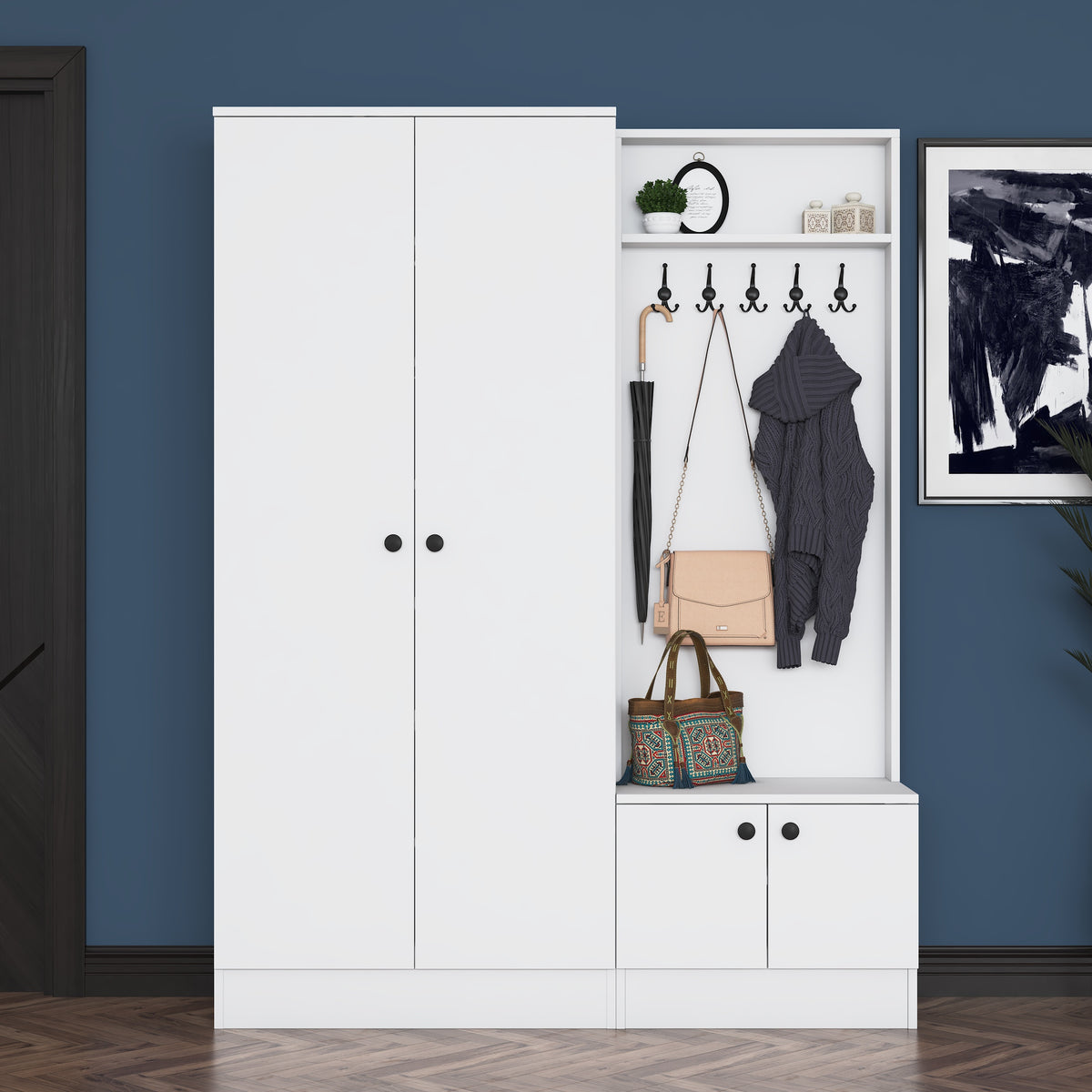 Rani EA151 beyaz modern portmanto raflı askılı ayakkabılık vestiyer