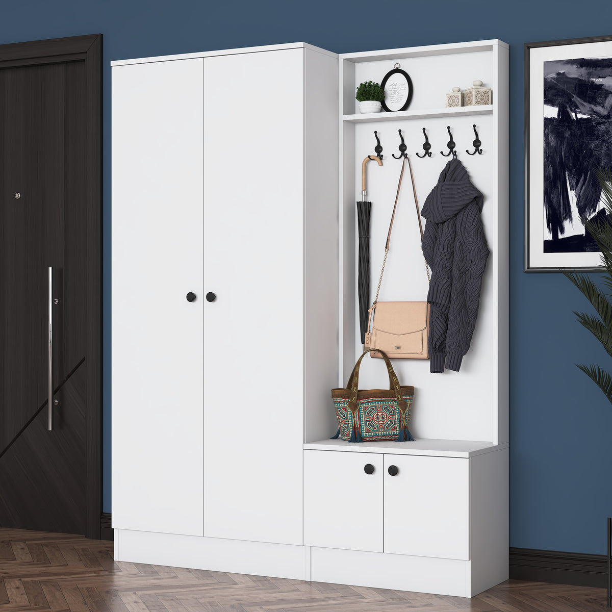 Rani EA151 beyaz modern portmanto raflı askılı ayakkabılık vestiyer