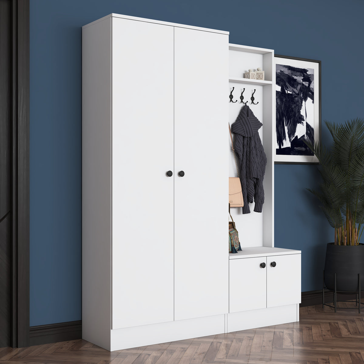 Rani EA151 beyaz modern portmanto raflı askılı ayakkabılık vestiyer