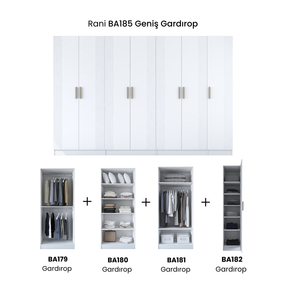 Rani BA185 Membran Kapaklı Modüler Gardırop 7 Kapaklı Raflı Askılı Elbise Dolabı Beyaz