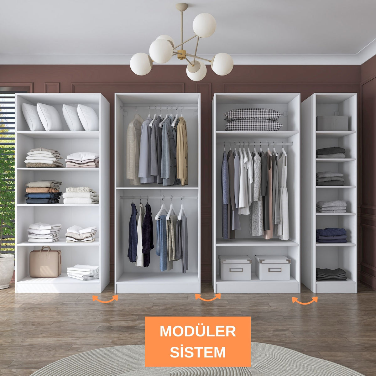 Rani BA185 Membran Kapaklı Modüler Gardırop 7 Kapaklı Raflı Askılı Elbise Dolabı Beyaz