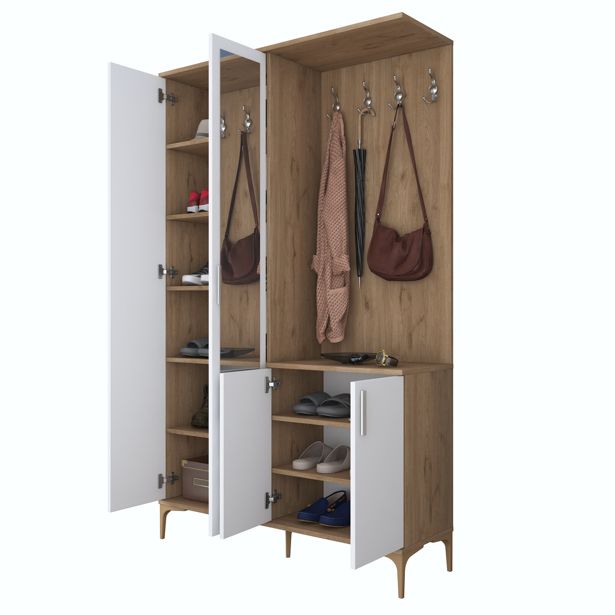 Rani EA147 modern portmanto 4 kapaklı aynalı vestiyer sepet ceviz beyaz