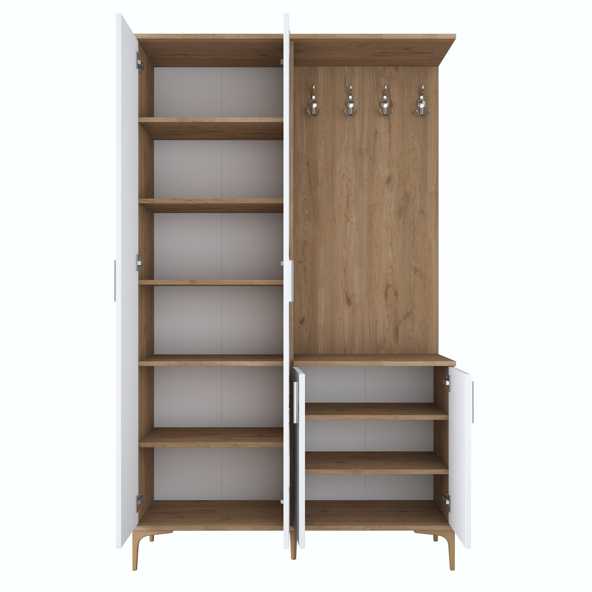 Rani EA147 modern portmanto 4 kapaklı aynalı vestiyer sepet ceviz beyaz