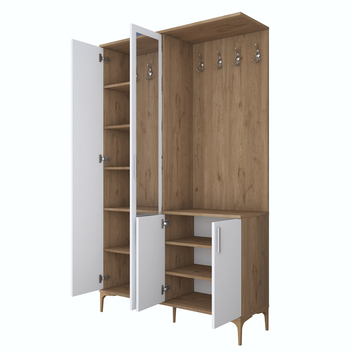 Rani EA147 modern portmanto 4 kapaklı aynalı vestiyer sepet ceviz beyaz