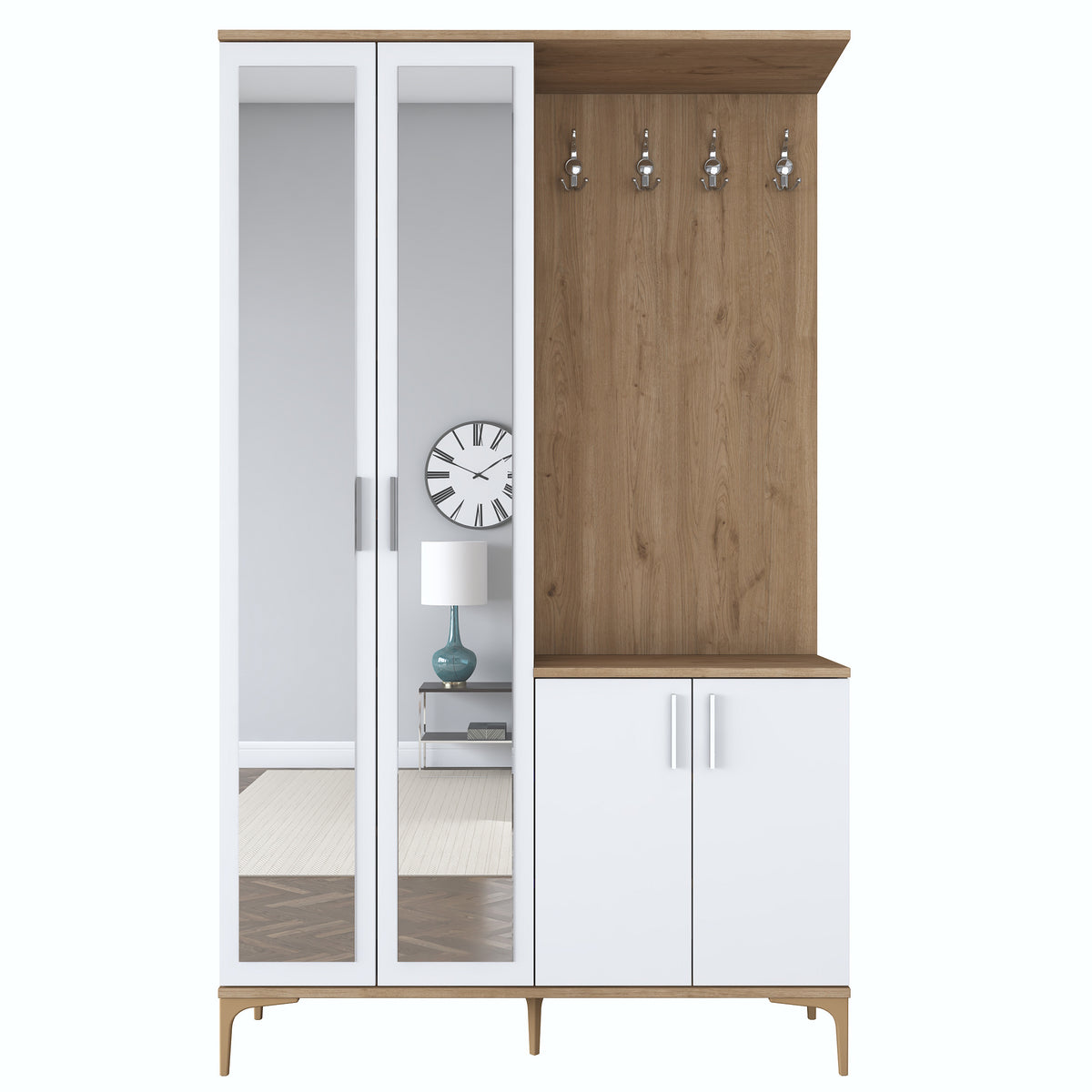 Rani EA147 modern portmanto 4 kapaklı aynalı vestiyer sepet ceviz beyaz