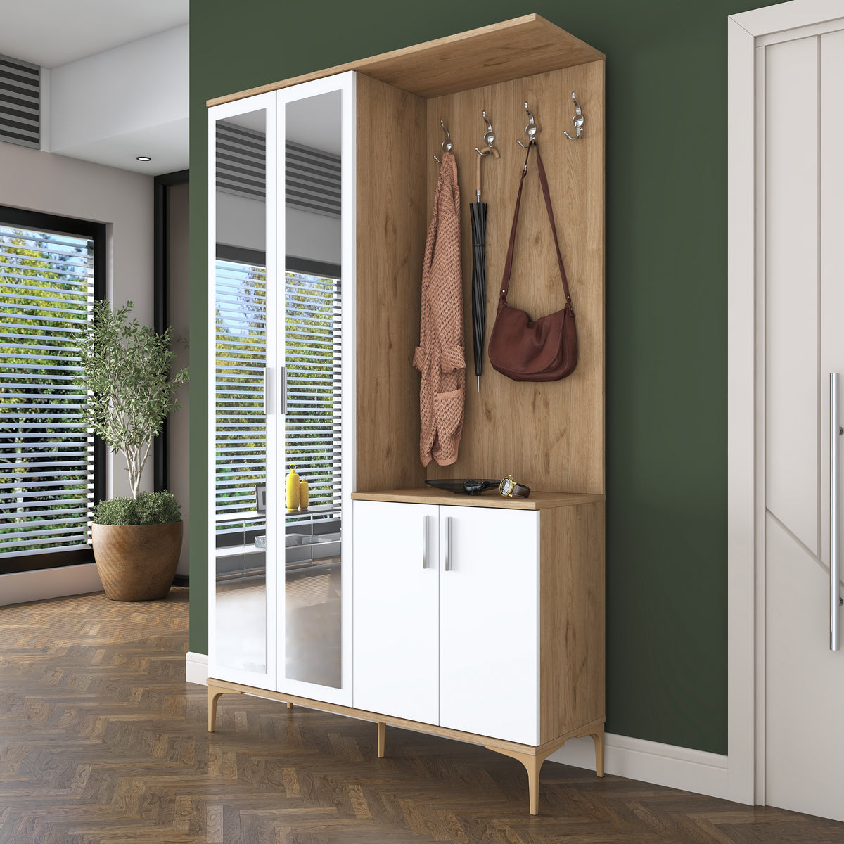 Rani EA147 modern portmanto 4 kapaklı aynalı vestiyer sepet ceviz beyaz
