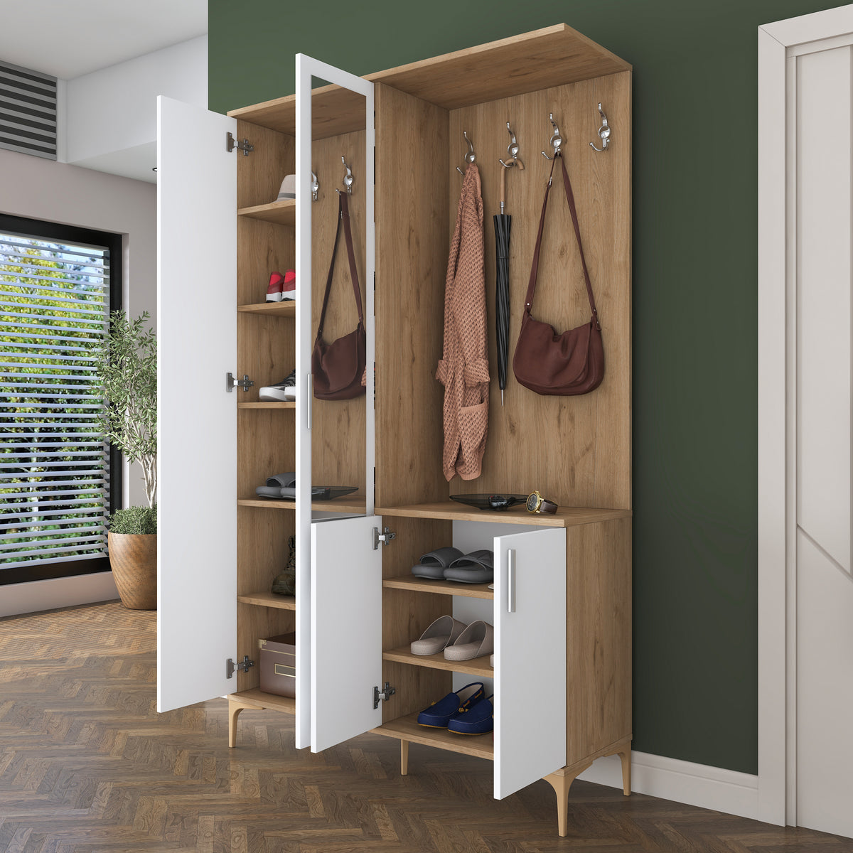 Rani EA147 modern portmanto 4 kapaklı aynalı vestiyer sepet ceviz beyaz