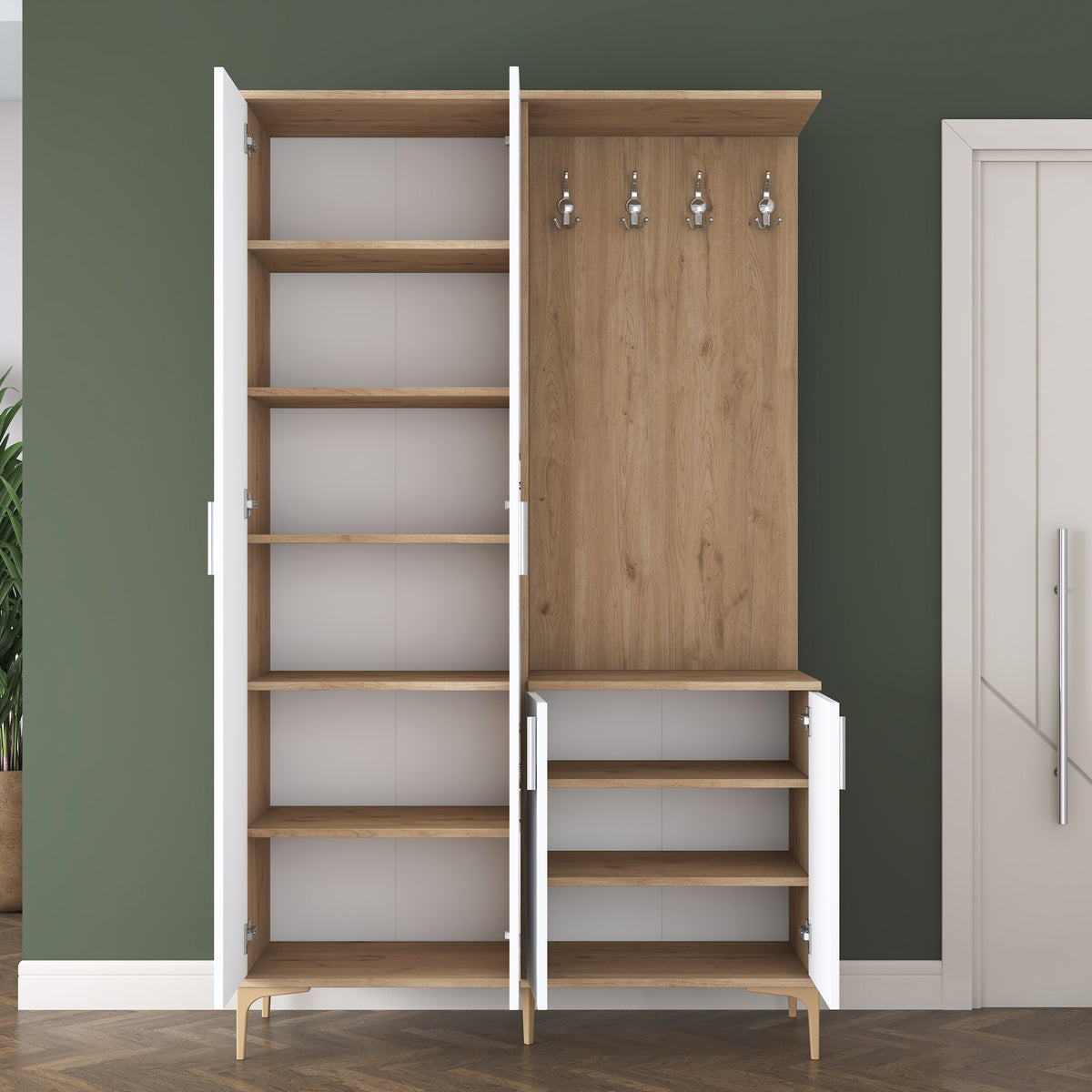Rani EA147 modern portmanto 4 kapaklı aynalı vestiyer sepet ceviz beyaz