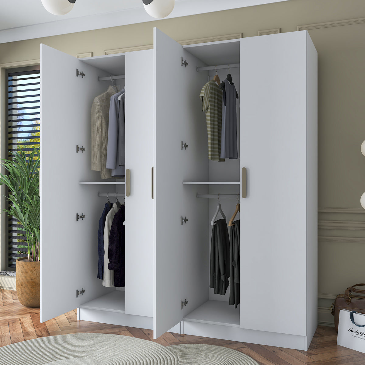 Rani BA163 geniş gardırop elbise dolabı beyaz renkli, 4 kapaklı modüler dolap modeli; 2 raflı ve 4 askılı geniş iç hacimli, modern tasarımlı yatak odası gardırop çözümü