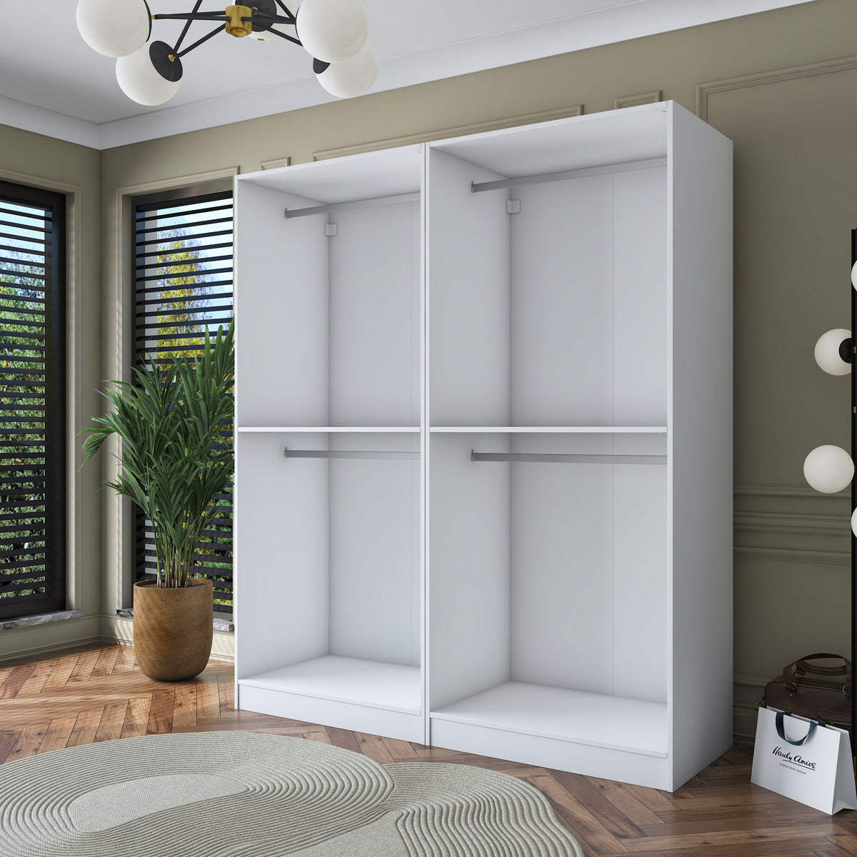 Rani BA163 geniş gardırop elbise dolabı beyaz renkli, 4 kapaklı modüler dolap modeli; 2 raflı ve 4 askılı geniş iç hacimli, modern tasarımlı yatak odası gardırop çözümü