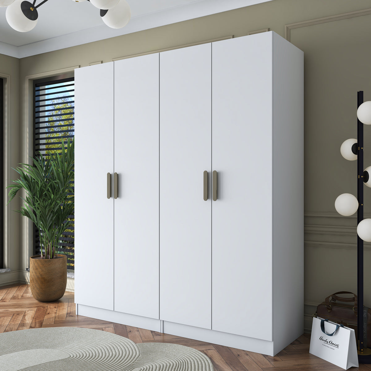 Rani BA163 geniş gardırop elbise dolabı beyaz renkli, 4 kapaklı modüler dolap modeli; 2 raflı ve 4 askılı geniş iç hacimli, modern tasarımlı yatak odası gardırop çözümü