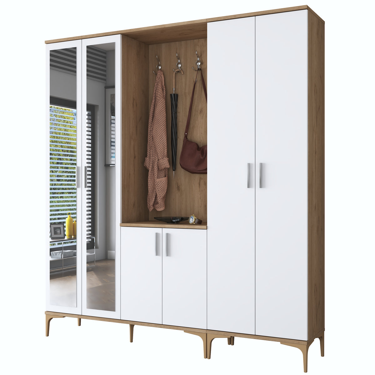 Rani EA154 modern aynalı raflı askılı portmanto ayakkabılık vestiyer sepet ceviz beyaz