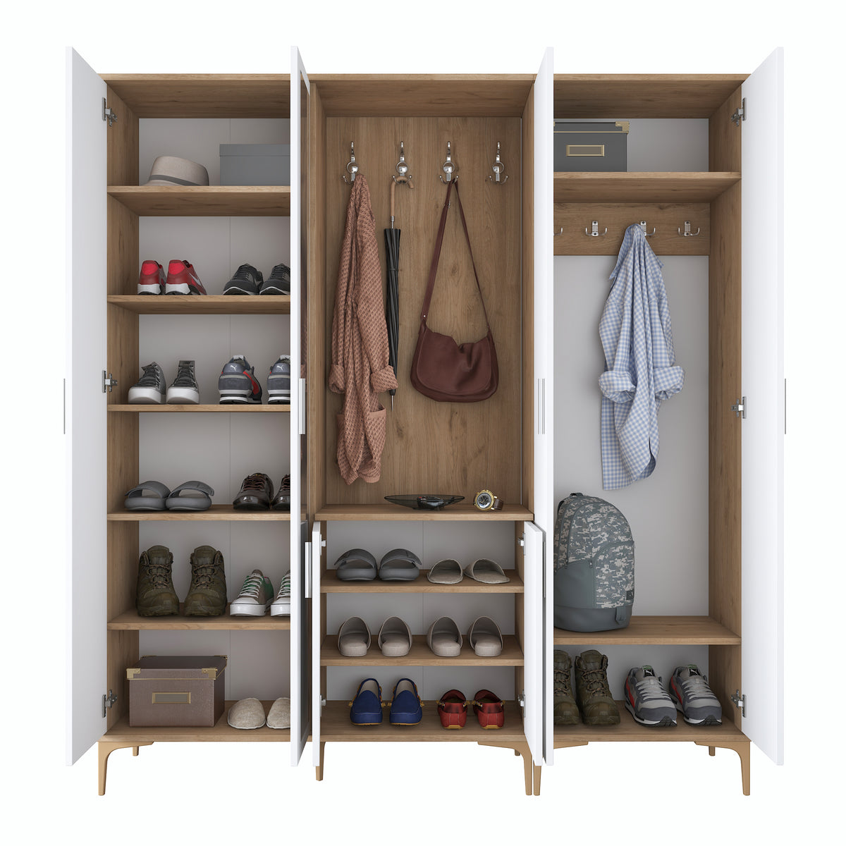 Rani EA154 modern aynalı raflı askılı portmanto ayakkabılık vestiyer sepet ceviz beyaz
