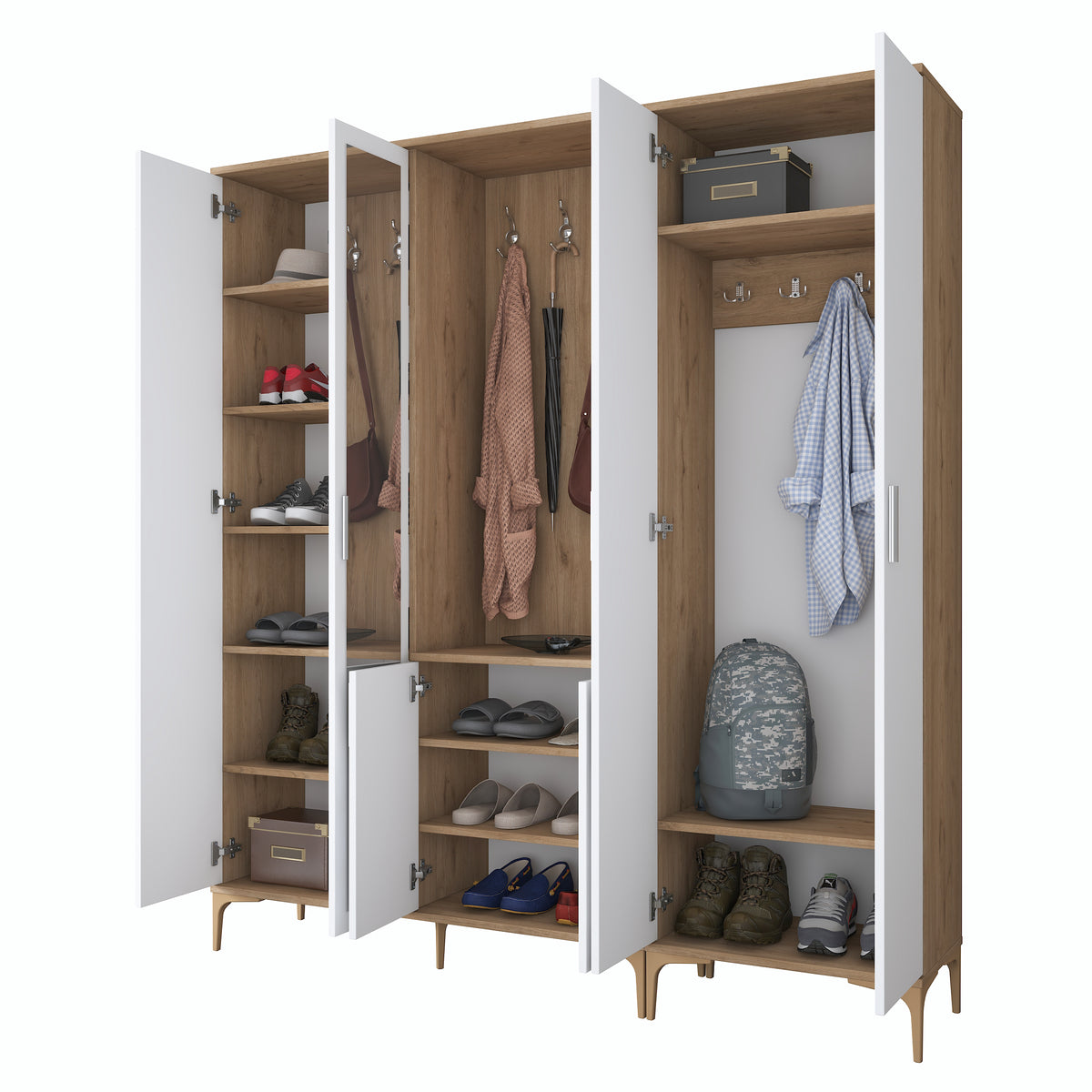 Rani EA154 modern aynalı raflı askılı portmanto ayakkabılık vestiyer sepet ceviz beyaz